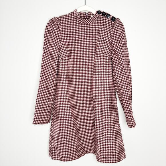 Sezane Erza Burgundy Mini Houndstooth Wool Button Shoulder Mini Dress EU 34 US 2 - Picture 4 of 10
